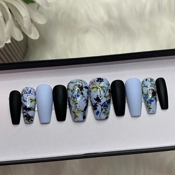 Matte Blue Floral Press On Nails | Handmade Press On Nails | Fake Nails - Picture 1 of 10